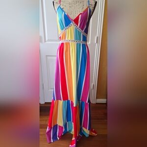 *NEW* Colorful Striped Layered Hem Maxi Cami Dress Size M (6)